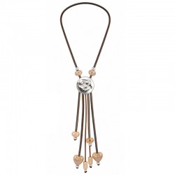 Necklace with Silver Disc, Beige Hearts & Brown Cords