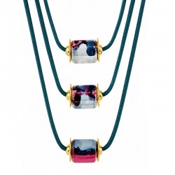 Necklace with Multicolor Ceramic Tubes on Triple Teal Cord
