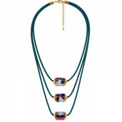 Necklace with Multicolor Ceramic Tubes on Triple Teal Cord
