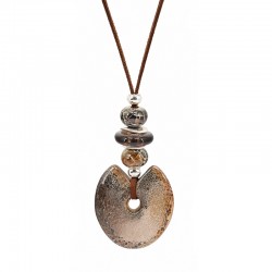 Necklace with Beige-Brown Ceramic Disc & Beads on Cord