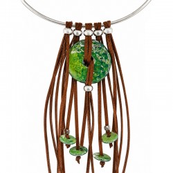 Necklace with Silver Torque, Green Disc & Brown Tassels