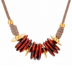 Necklace with Red Disc Beads & Gold Accents on Taupe Cord