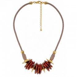 Necklace with Red Disc Beads & Gold Accents on Taupe Cord