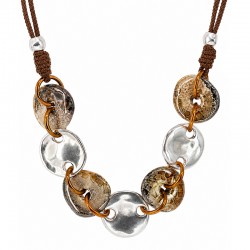 Necklace with Silver Discs & Beige-Brown Rings on Brown Cord