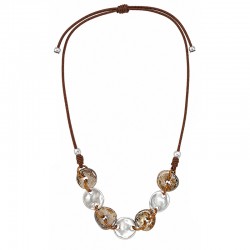 Necklace with Silver Discs & Beige-Brown Rings on Brown Cord
