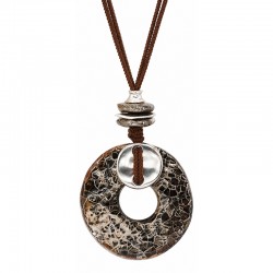 Necklace with Ceramic Donut & Silver Disc on Brown Cord