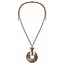 Necklace with Ceramic Donut & Silver Disc on Brown Cord