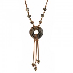 Necklace with Brown Ceramic Donut & Cord Tassels