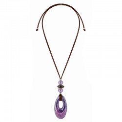 Necklace with Purple Ceramic Donut & Beads on Brown Cord