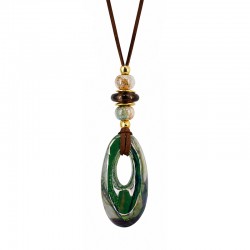 Necklace with Green Ceramic Donut & Beads on Brown Cord