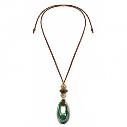 Necklace with Green Ceramic Donut & Beads on Brown Cord