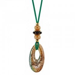 Necklace with Beige Ceramic Donut & Beads on Brown Cord