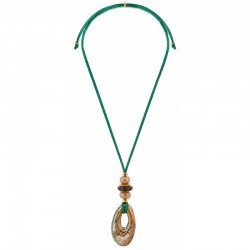Necklace with Beige Ceramic Donut & Beads on Brown Cord