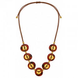 Necklace with Tortoiseshell & Gold Discs on Brown Cord
