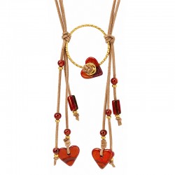 Necklace with Red Heart Charms & Gold Ring on Beige Cord