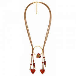 Necklace with Red Heart Charms & Gold Ring on Beige Cord