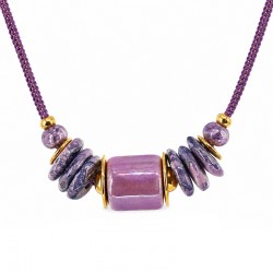 Necklace with Purple Ceramic Tube & Disc Beads on Cord