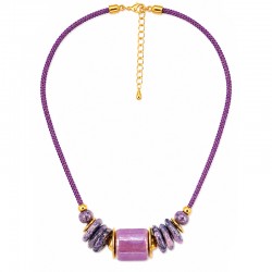 Necklace with Purple Ceramic Tube & Disc Beads on Cord