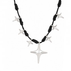 Necklace with Silver Starburst & Star Charms on Black Cord