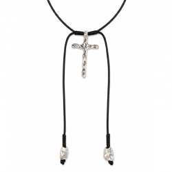 Necklace with Silver Cross & Tie Ends on Black Cord