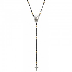Necklace with Virgin Mary, Cross & Gold Beads on Black Cord