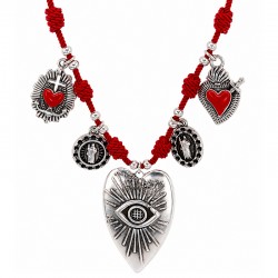 Necklace with Silver Sacred Heart Charms on Red Cord