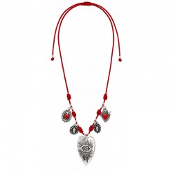 Necklace with Silver Sacred Heart Charms on Red Cord