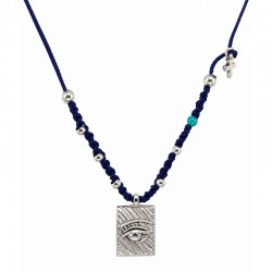 Necklace with Silver Eye Pendant & Cross on Blue Cord