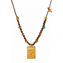 Necklace with Gold Eye Pendant & Cross on Brown Cord