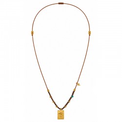Necklace with Gold Eye Pendant & Cross on Brown Cord