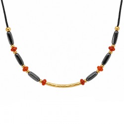 Necklace with Black Ceramics, Gold Tubes & Red Rondelles