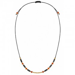 Necklace with Black Ceramics, Gold Tubes & Red Rondelles