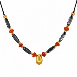 Necklace with Gold Teardrop & Red Rondelles on Black Cord