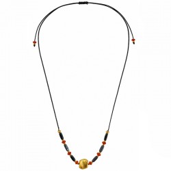 Necklace with Gold Square Bead & Red Rondelles on Black Cord