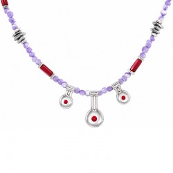 Necklace with Lilac Beads, Red Tubes & Silver Drop Charms
