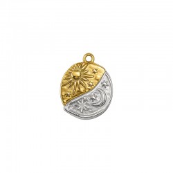 Stainless Steel 304 Pendant Coin with Sun & Moon 19x23mm/3mm