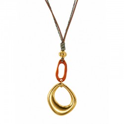 Necklace with Gold Oval Pendant & Red Link on Brown Cord