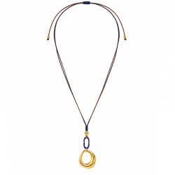 Necklace with Gold Oval Pendant & Blue Link on Brown Cord