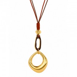 Necklace with Gold Oval Pendant & Brown Link on Cord