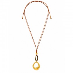 Necklace with Gold Oval Pendant & Brown Link on Cord
