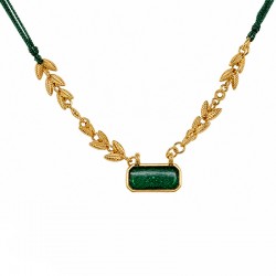 Necklace with Green Enamel Slider & Gold Leaves on Cord