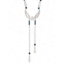 Necklace with Silver Wings, White Tubes & Petrol Blue Beads