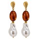 Gold Drop Earrings with Brown Oval Beads & Baroque Pearl