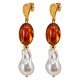 Gold Drop Earrings with Brown Oval Beads & Baroque Pearl