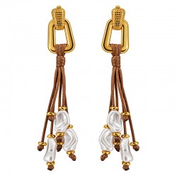 Statement Gold Earrings with Brown Fringe & Baroque Pearls