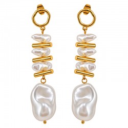 Statement Gold Earrings with Baroque Pearls & Metal Bars