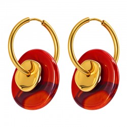 Gold-Plated Hoop Earrings with Red & Amber Ceramic Disc