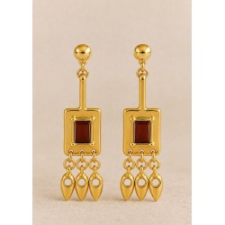 Gold Earrings with Brown Enamel & Hanging Gold Teardrops