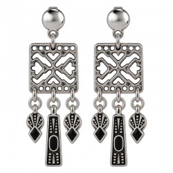 Silver Ethnic Earrings with Cutout Motifs & Black Enamel