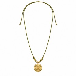 Necklace with Gold Ethnic Pendant & Beads on Olive Cord